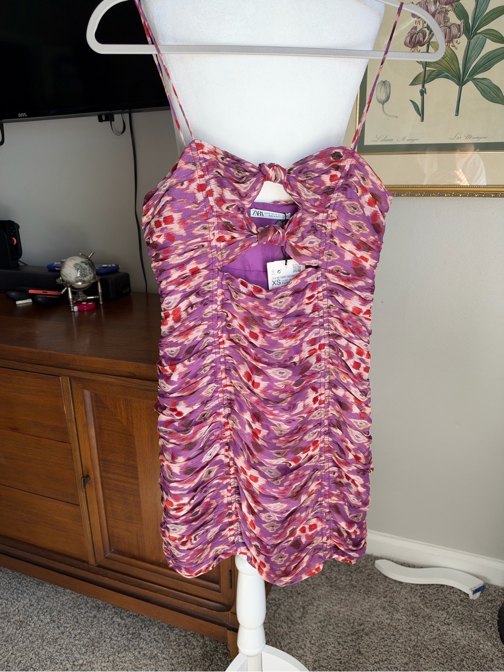 Zara Pink and Purple Printed Ruched Mini Dress